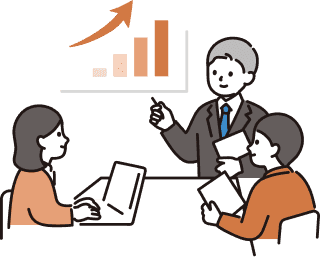 成長グラフを指差すビジネスマンと会議中のメンバー